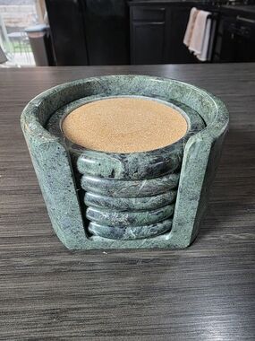 Vintage Green Marble Stone Coaster Set of 5 with Holder Cork Felt